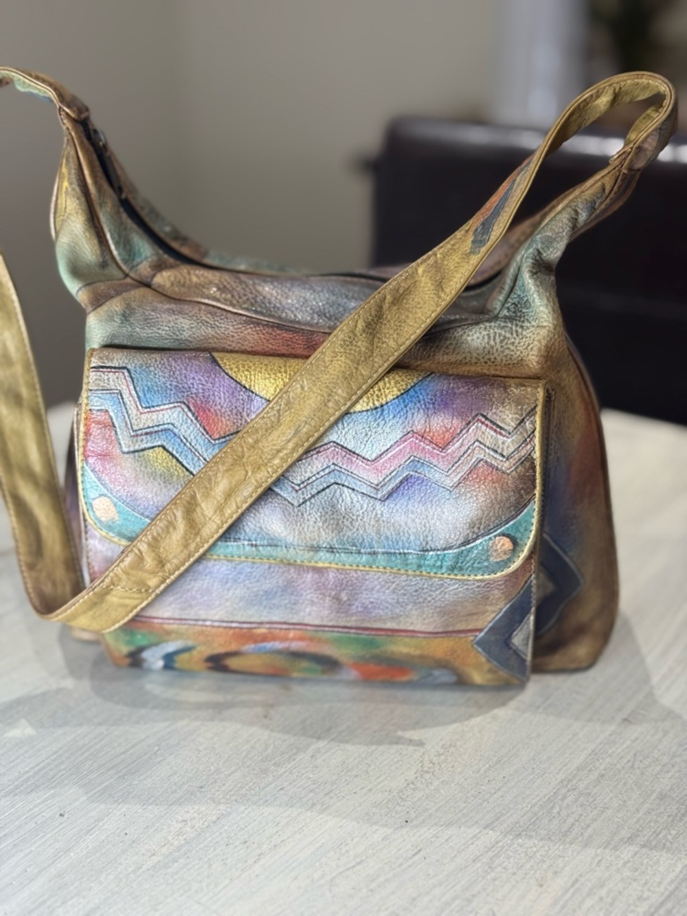 Vintage Anuschka Metallic Multicolor Sunrise Hand-Painted Hobo Bag